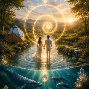 Stage Au Cœur de l'Eau 2027 : couple dans l'eau vivante, spirale dorée, cristaux, baleine et dauphins