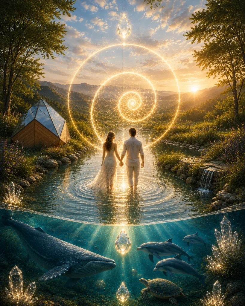 Stage Au Cœur de l'Eau 2027 : couple dans l'eau vivante, spirale dorée, cristaux, baleine et dauphins
